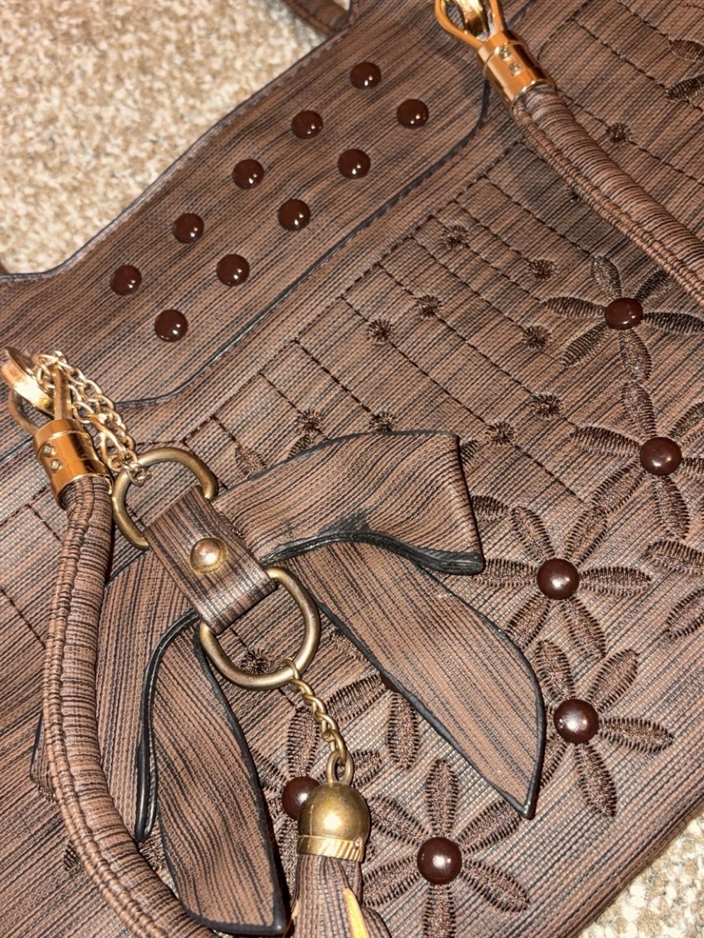 Women's Brown Quilted Tote Bag with Tassel Charm